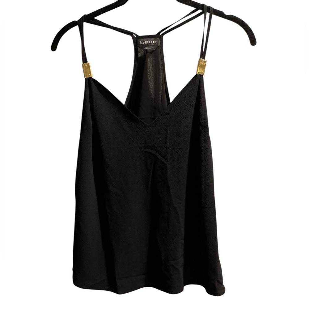 Bebe Black Camisole with Gold Accents, Racer Back with a cross cross design